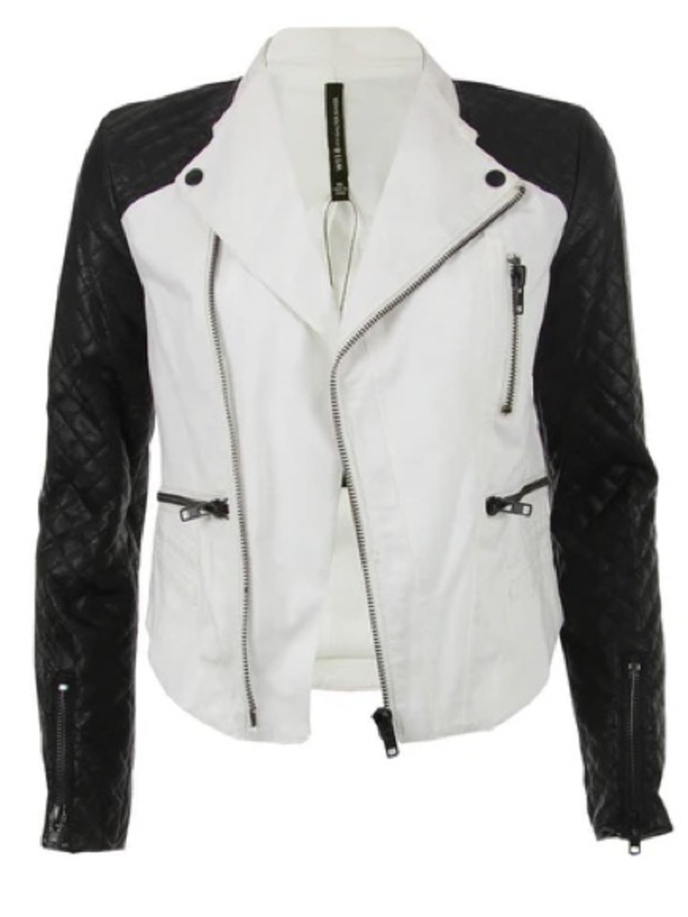 W118 by Walter Baker Black and White Quilted-Sleeve Moto Jacket, Size Small